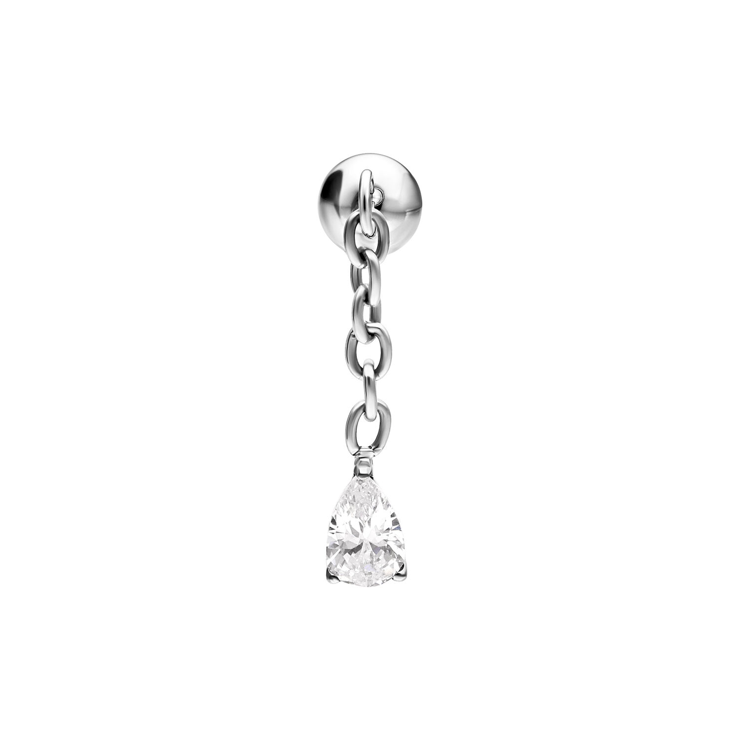 Aro Rook plateado con cristal Aro plateado para piercing con cristal ovalado y claro, colgando de una cadena sobre fondo blanco.