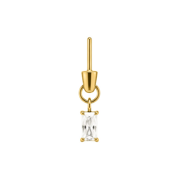 Ajuste de piercing dorado con cristal rectangular sobre fondo blanco