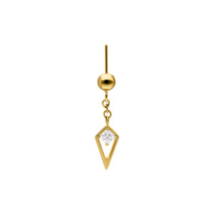 Accesorio de piercing dorado con cristal claro, colgando de una cadena