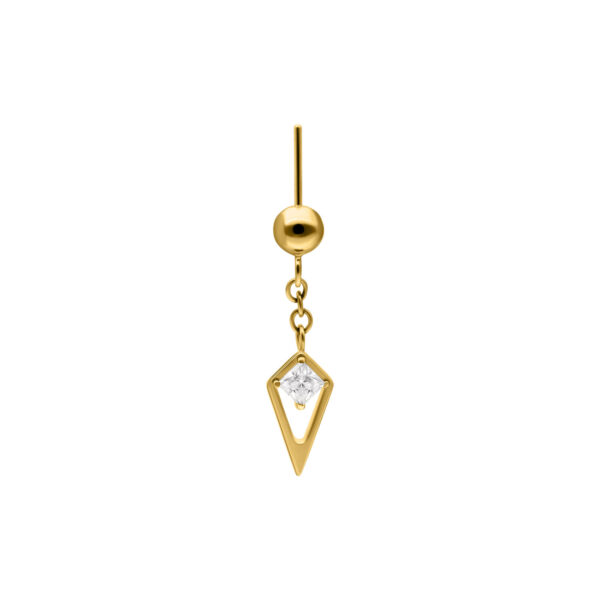 Accesorio de piercing dorado con cristal claro, colgando de una cadena