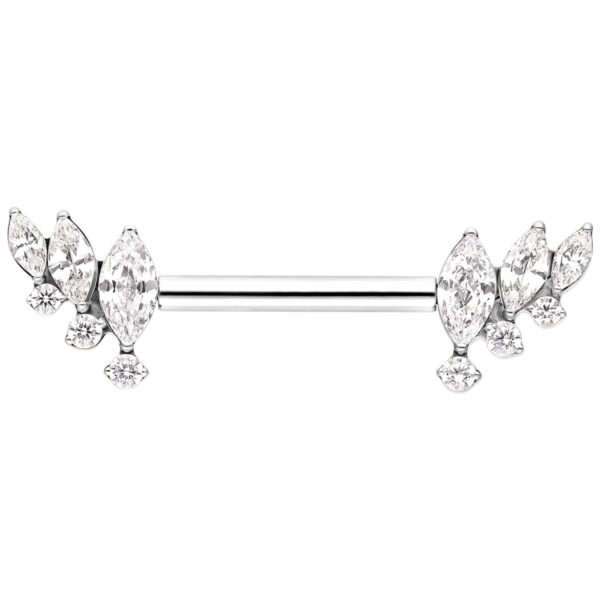 Barbell plateado con alas de cristal brillantes sobre fondo blanco