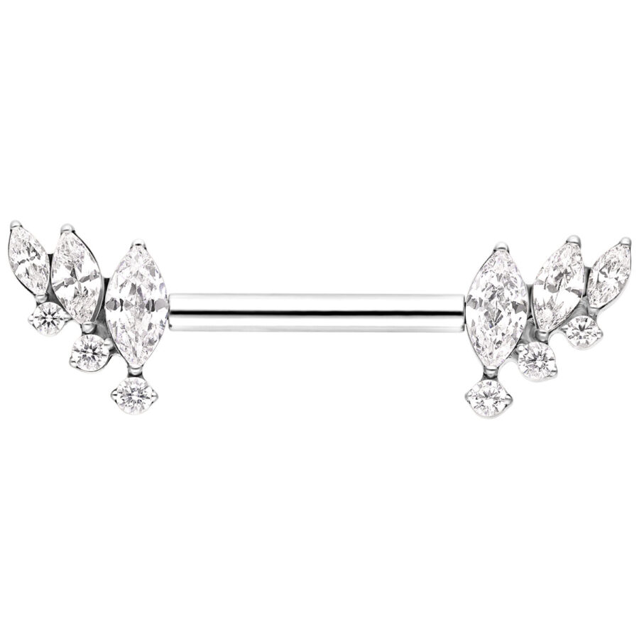 Barbell plateado con alas de cristal brillantes sobre fondo blanco