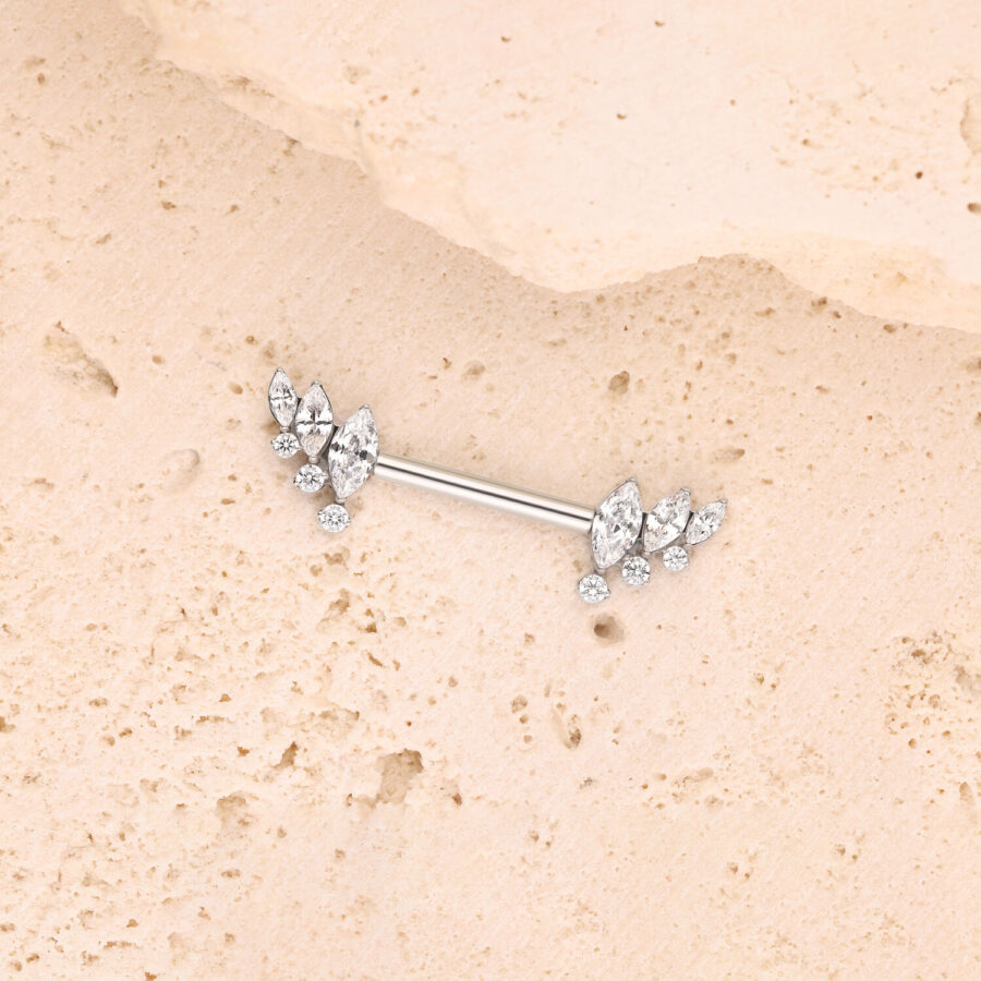 Barra de plata con alas de cristal sobre superficie de piedra beige