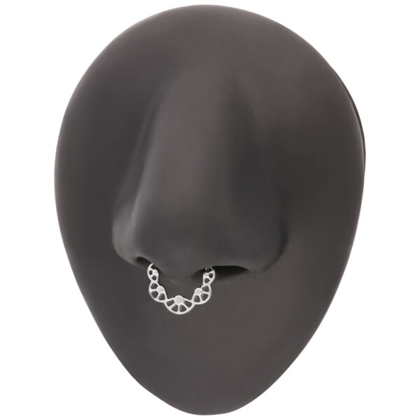 Anillo de piercing plateado en modelo de nariz negra sobre fondo blanco