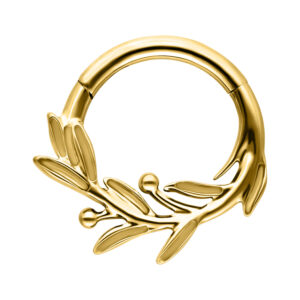 Clicker de septum dorado en forma de rama de olivo sobre fondo blanco