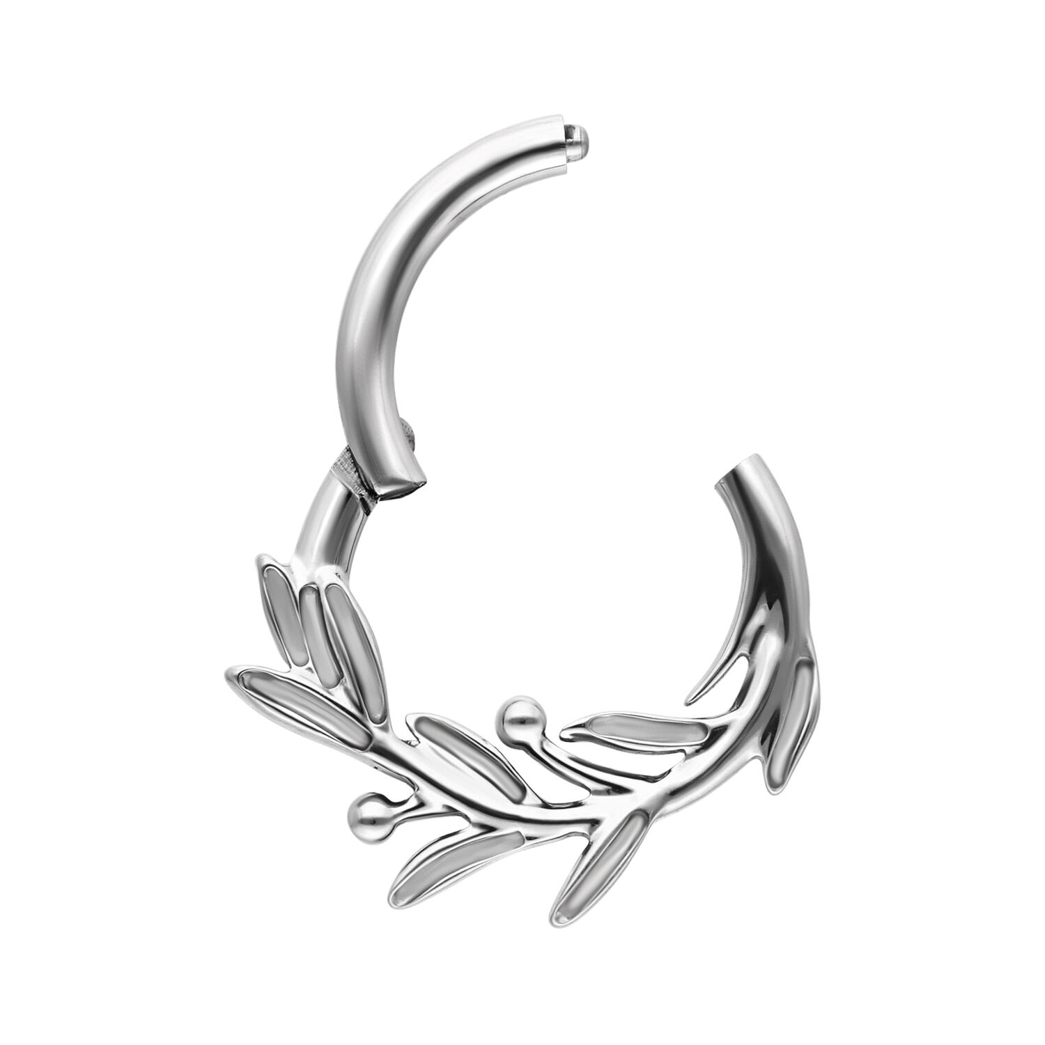 Clicker de Rama de Olivo de Titanio Plateado Clicker de piercing plateado en forma de rama de olivo sobre fondo blanco