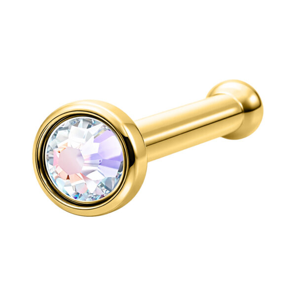 Piercing nasal dorado con brillante cristal Aurora Boreale sobre fondo blanco