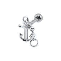 Barbell de oreja plateado en forma de ancla con cristal claro sobre fondo blanco