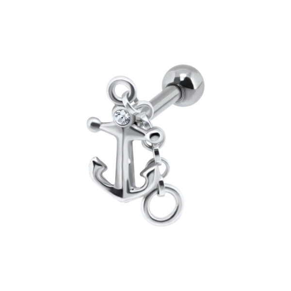 Barbell de oreja plateado en forma de ancla con cristal claro sobre fondo blanco