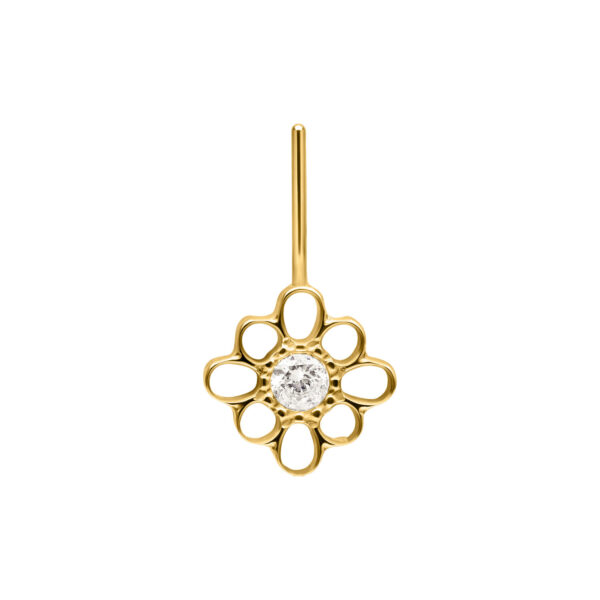 Accesorio de flor dorada con cristal en el centro sobre fondo blanco