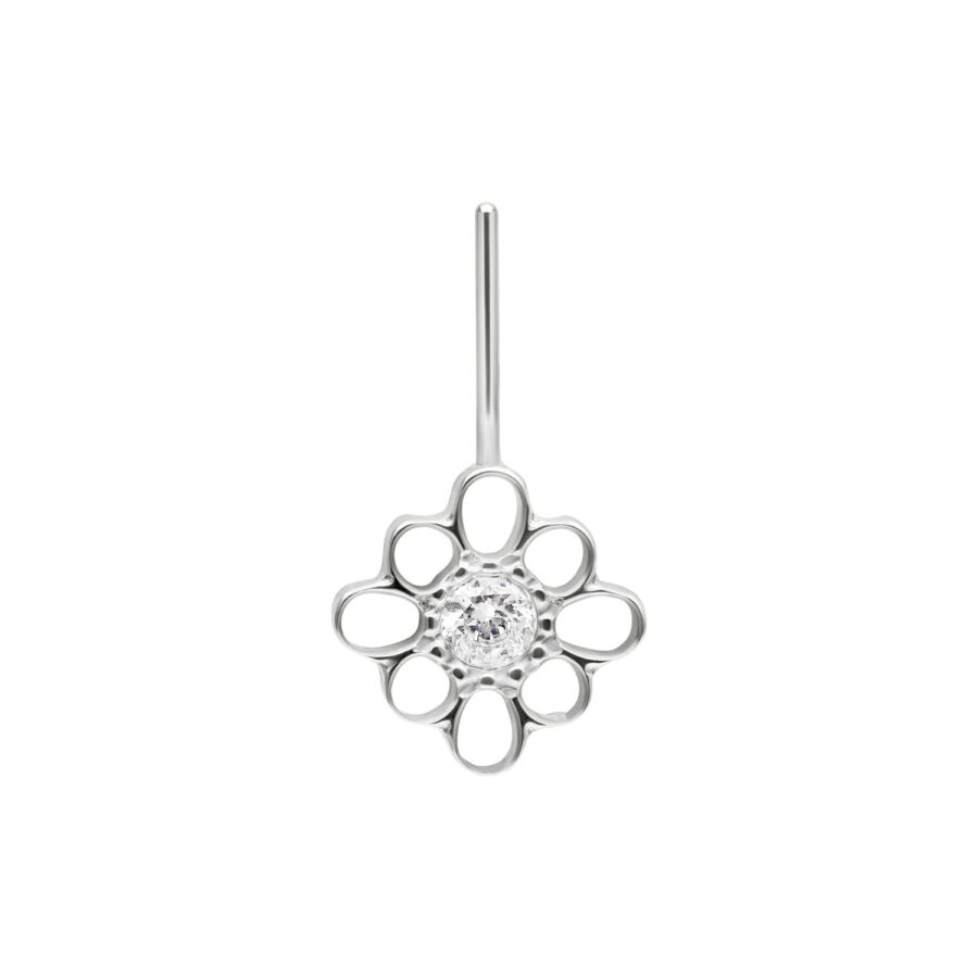 Adorno floral en oro blanco con cristal claro sobre fondo blanco