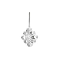 Adorno de flor en oro blanco con piedra cristalina, diseño vertical, sobre fondo blanco