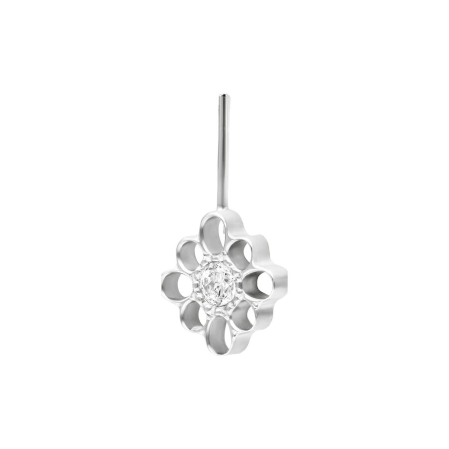 Adorno de flor en oro blanco con piedra cristalina, diseño vertical, sobre fondo blanco