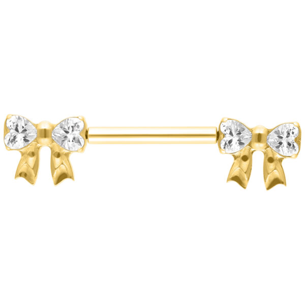 Barbell dorado con lazos de cristal sobre fondo blanco