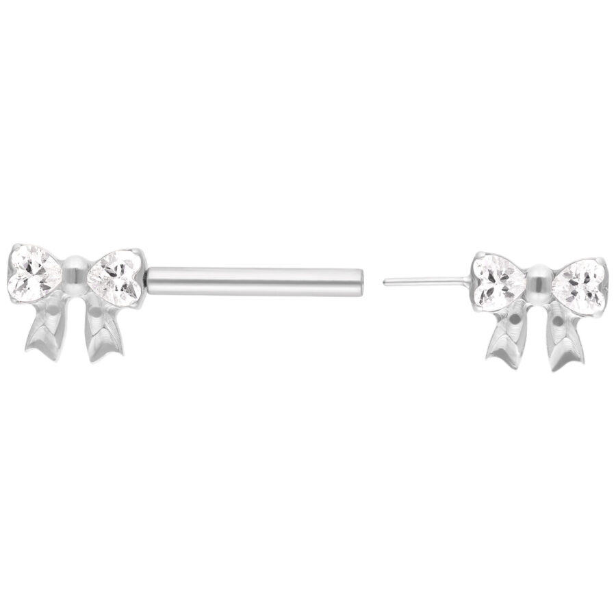 Dos barbells de titanio blanco con lazos adornados con cristales sobre fondo blanco