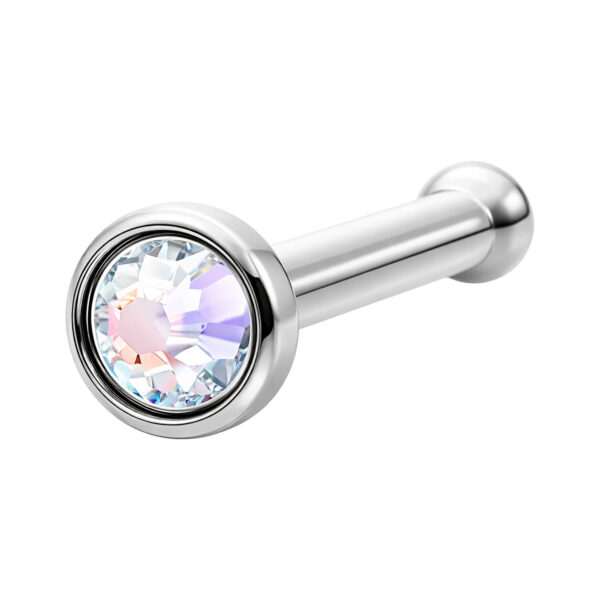 Piercing nasal plateado con cristal brillante Aurora Boreale sobre fondo blanco